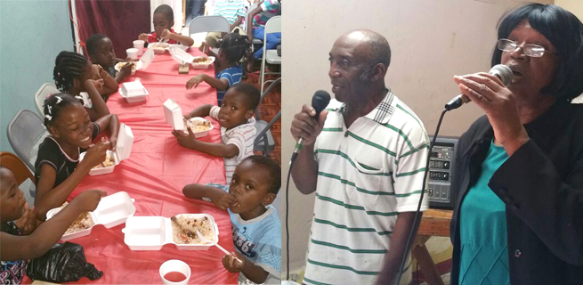(From Left) Children enjoying a meal at the treat.  Deacon Frank Archer (left) and Pastor Alberta Boswell James (right) singing Christmas Carols 