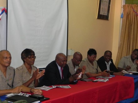  Members of the Area 2 police division with police officials at Area Two headquarters: (from left) superintendent Dudley Scott; head of the Portland police, superintendent Oberlene Smith-Whyte; mayor of St. Ann's Bay, Desmond Gillmore; superintendent Egbert Parkins; head of St. Mary police, superintendent Stephanie Lindsay; mayor of Port Maria, Levan Freeman and head of St. Ann police, superintendent Wayne Cameron. 