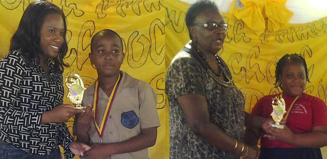 From left :Christall Byfield (Programmes Initiator and host presenting top boy Benjamin Wallace with his trophy (Left photo)Gloria Johnson (former principal Moneague College presenting top Girl Olivia Cohen with her trophy